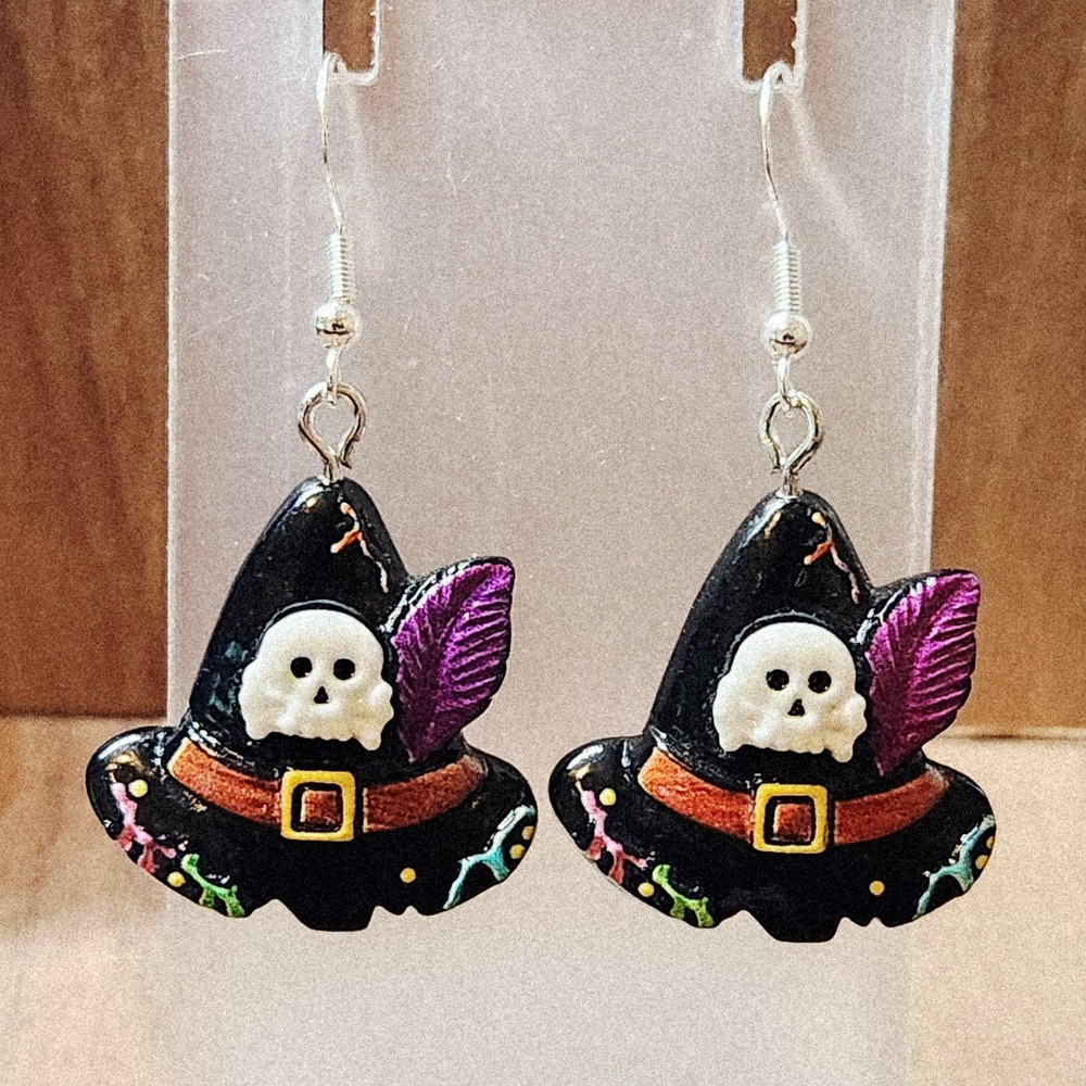 Halloween Black Witch Hat Skull Purple Feather Drop Earrings Spooky Goth 1.75"
